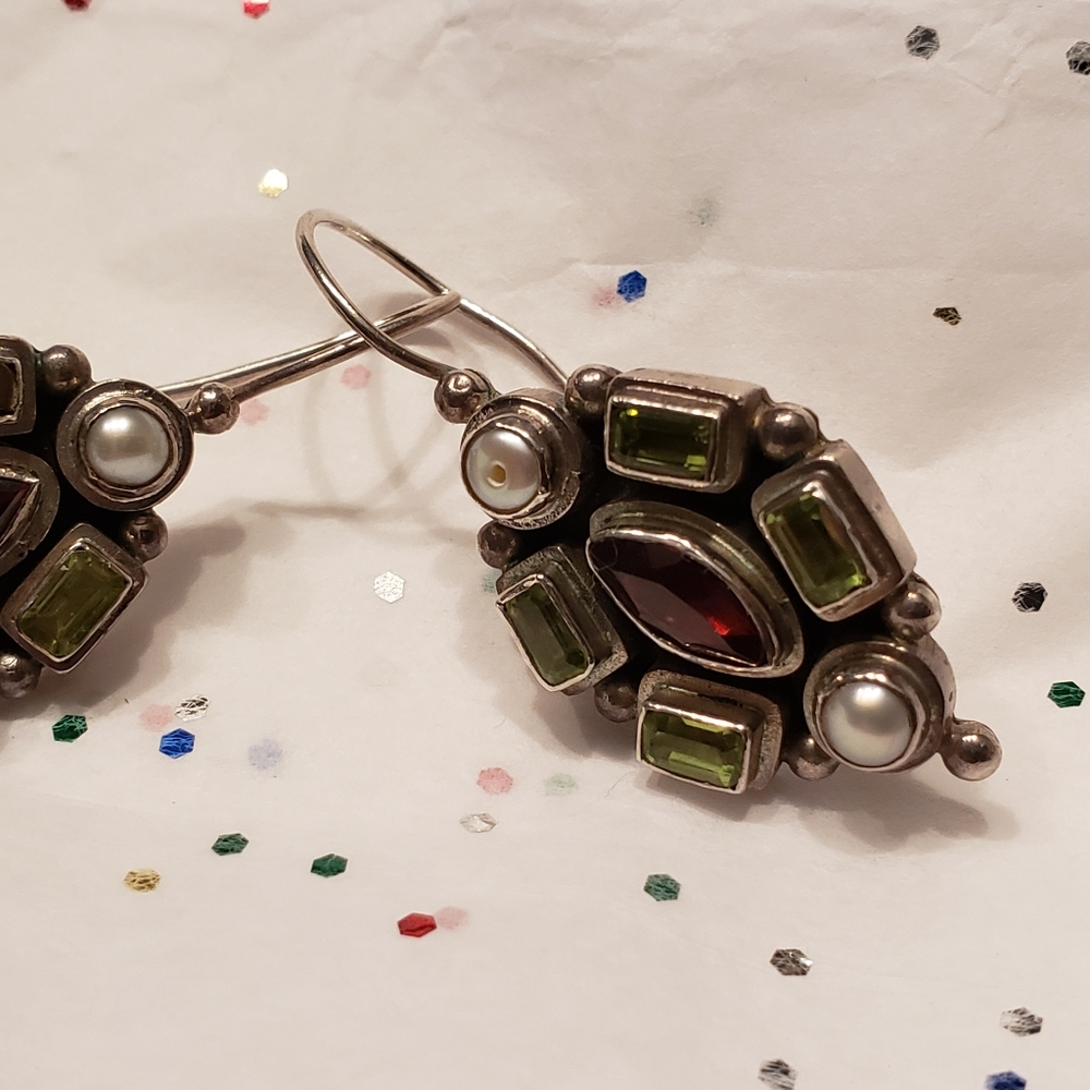 Sterling silver multigen Stone and Pearl earrings